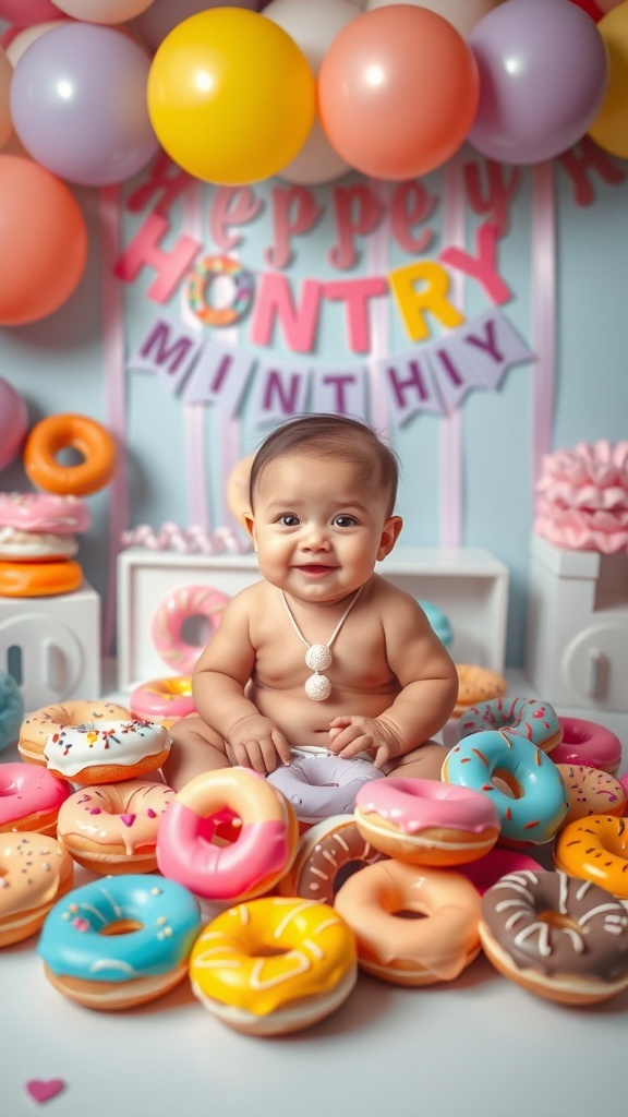 A baby surrounded by colorful donuts for a monthly milestone photoshoot, with festive decorations.